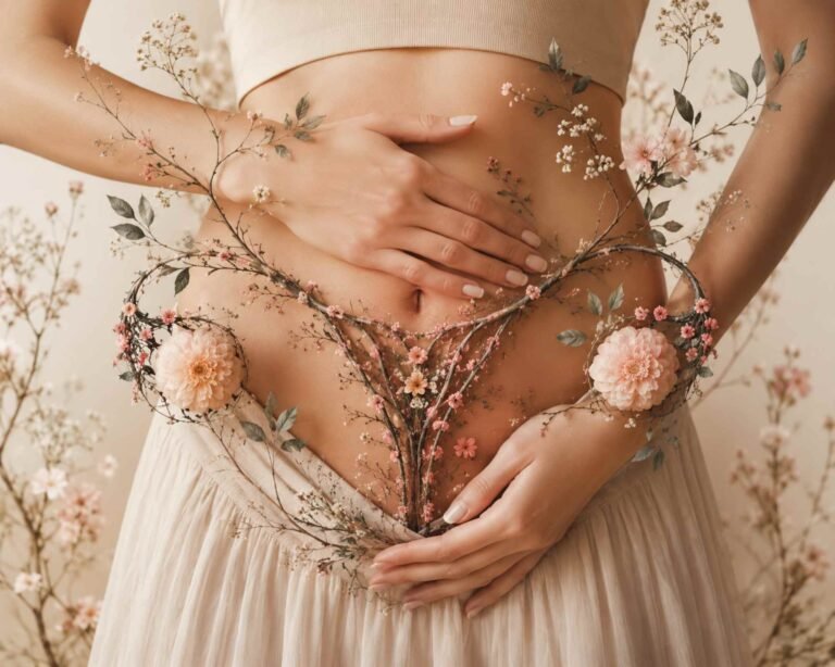 una donna con le mani sul ventre e simbolo di utero