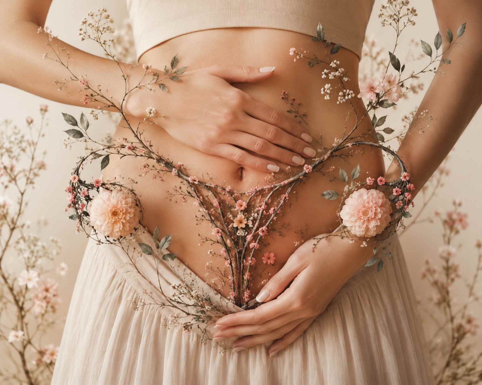 una donna con le mani sul ventre e simbolo di utero