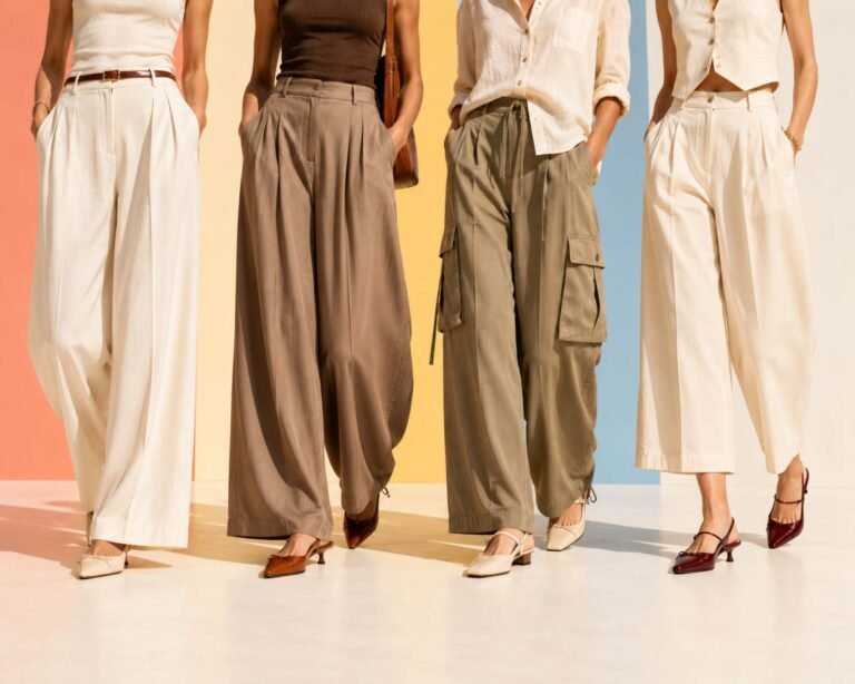 4 modelli di pantaloni larghi estivi con 4 scarpe a tacco basso
