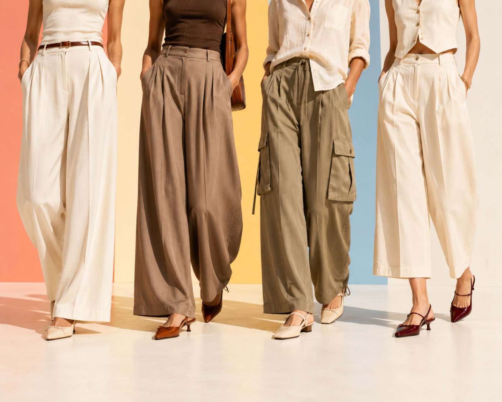 4 modelli di pantaloni larghi estivi con 4 scarpe a tacco basso