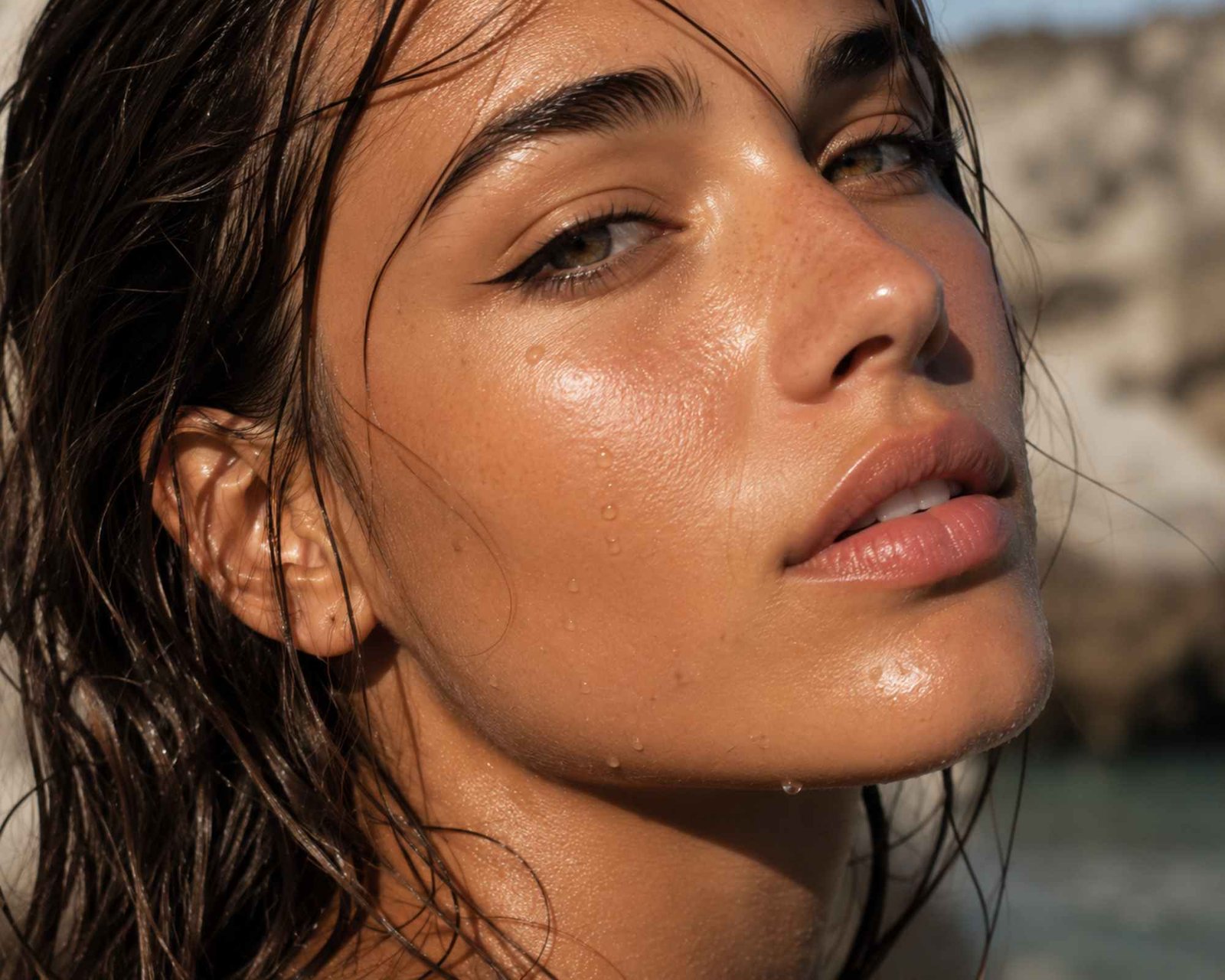ragazza al mare con pelle naturale semi umida