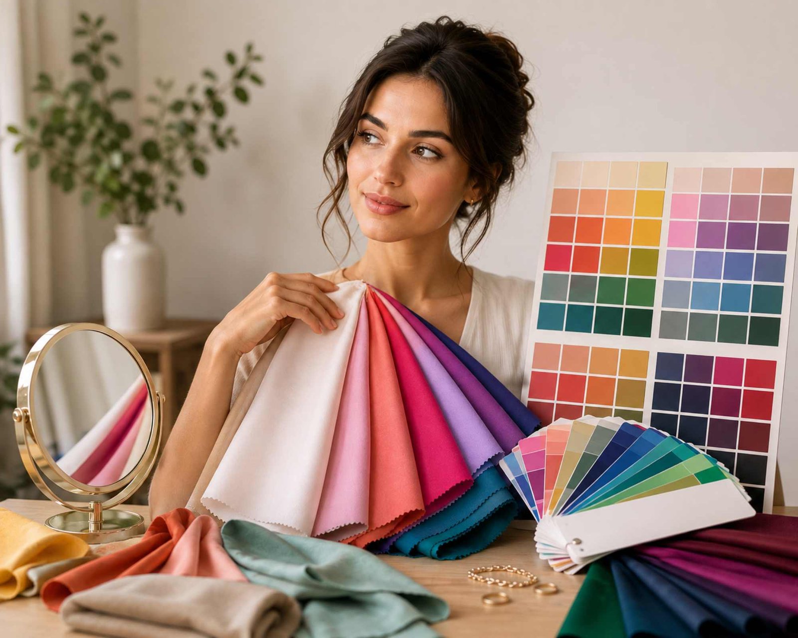 una donna tiene in mano tessuti e palette armocromia