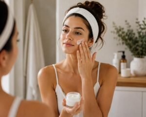 donna applica crema idratante sul viso